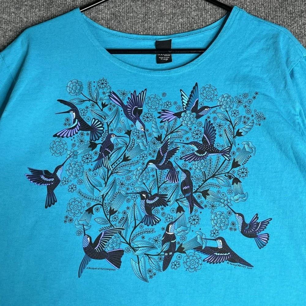 Sabaku Artwear‎ Bouquet Of Hummingbirds Top XL Blue Artsy 3/4 Sleeve